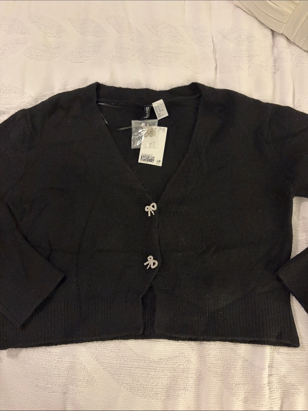 Divided Black V-Neck Cropped Cardigan with Rhinestone Bow Buttons Sz M